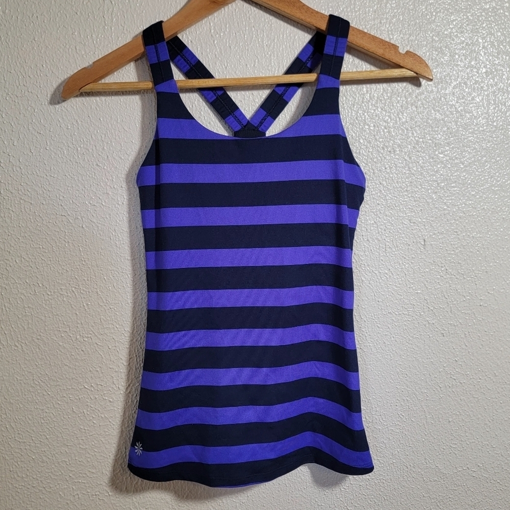 Athleta Striped Optimism Workout Yoga Pilates Tank sz XXS Striped Navy Purple